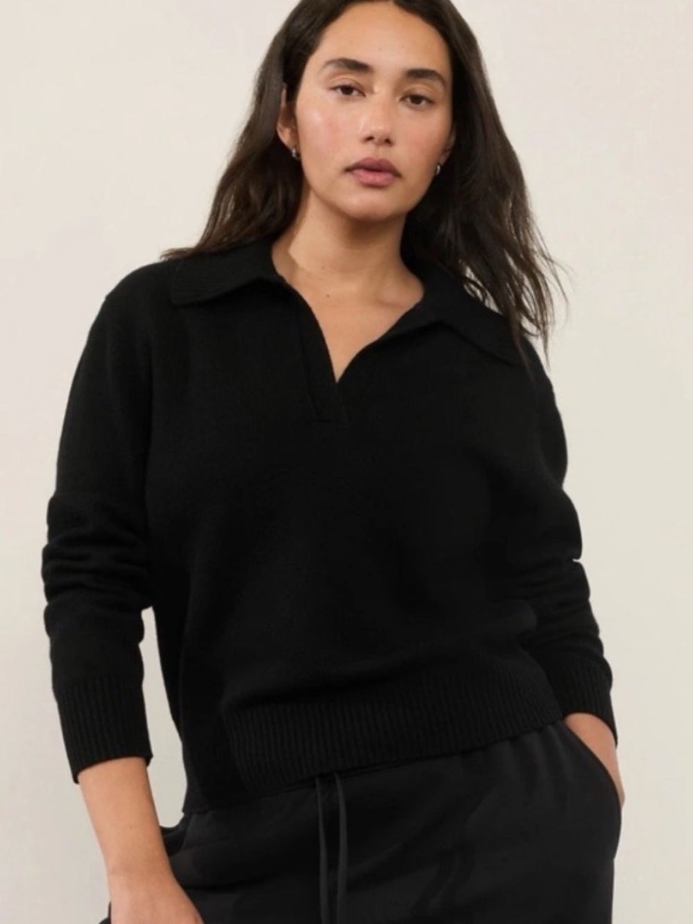Athleta Black V-Neck Collared Sweater